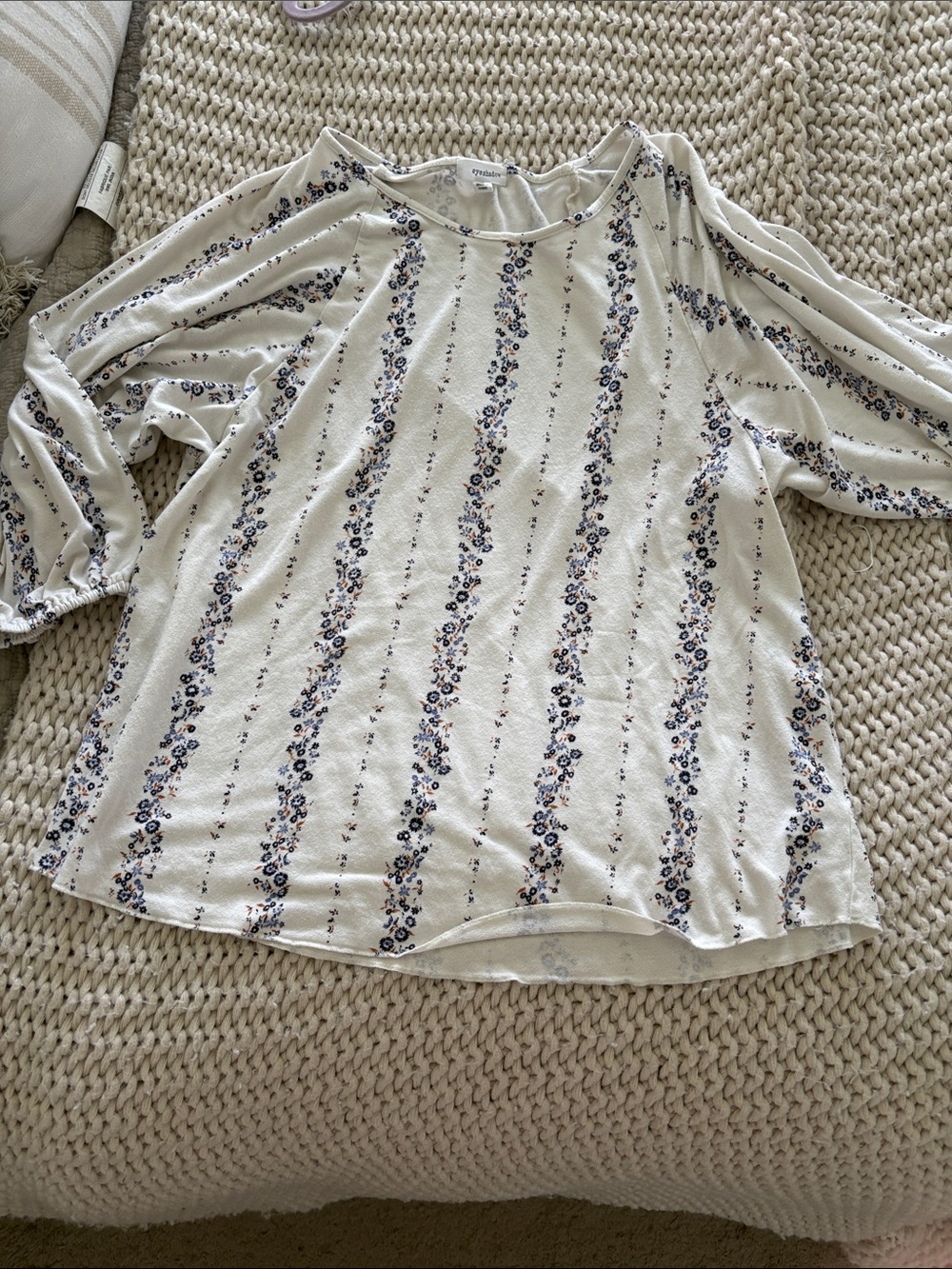 Eyeshadow Cream Floral Stripe Blouse with Navy Accents